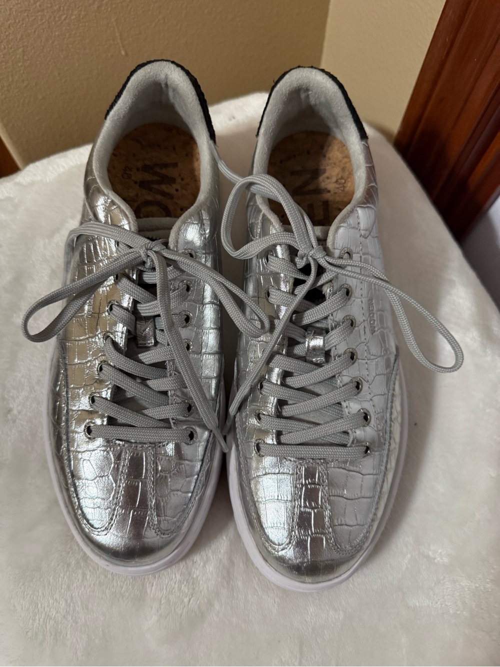 Woden Pernille Croco Metallic Silver Leather Sneakers Crocodile Embossed 8
